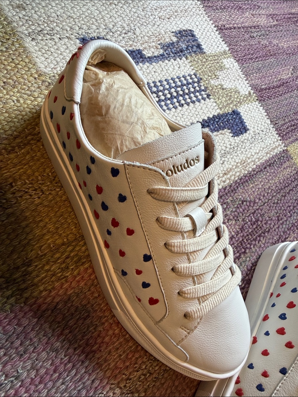 Soludos White Leather Sneaker with Red & Navy Heart Accents